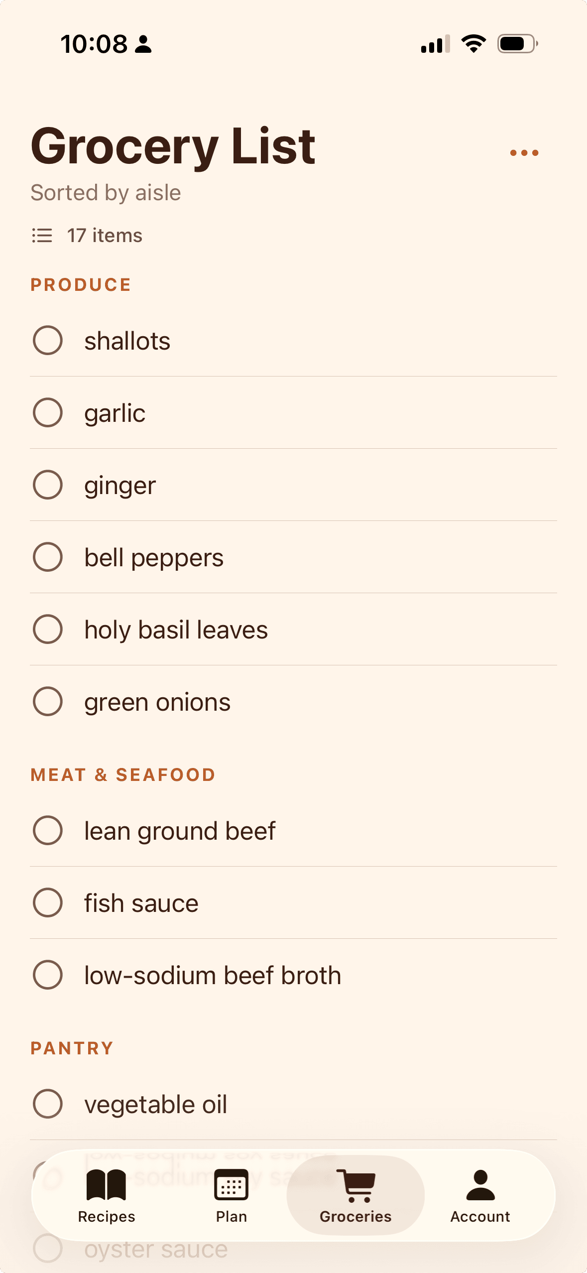 Recetta grocery list screen