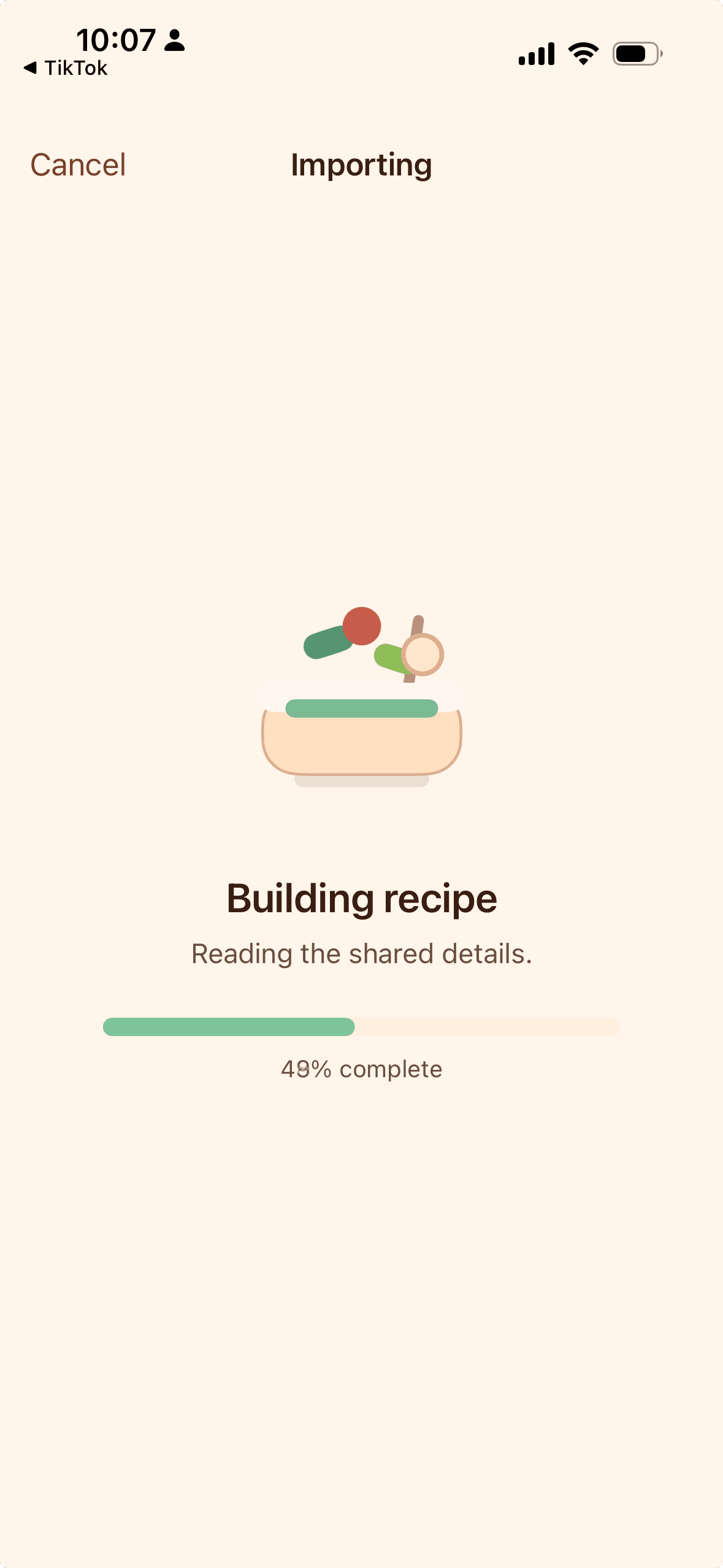 Recetta importing screen