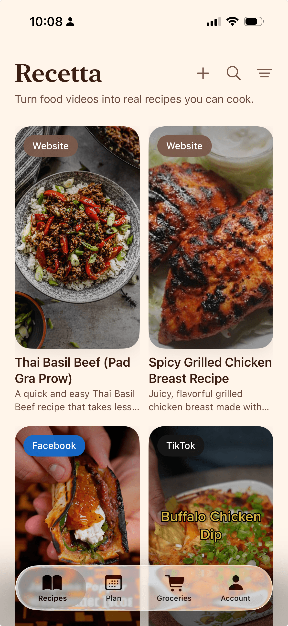 Recetta recipes screen