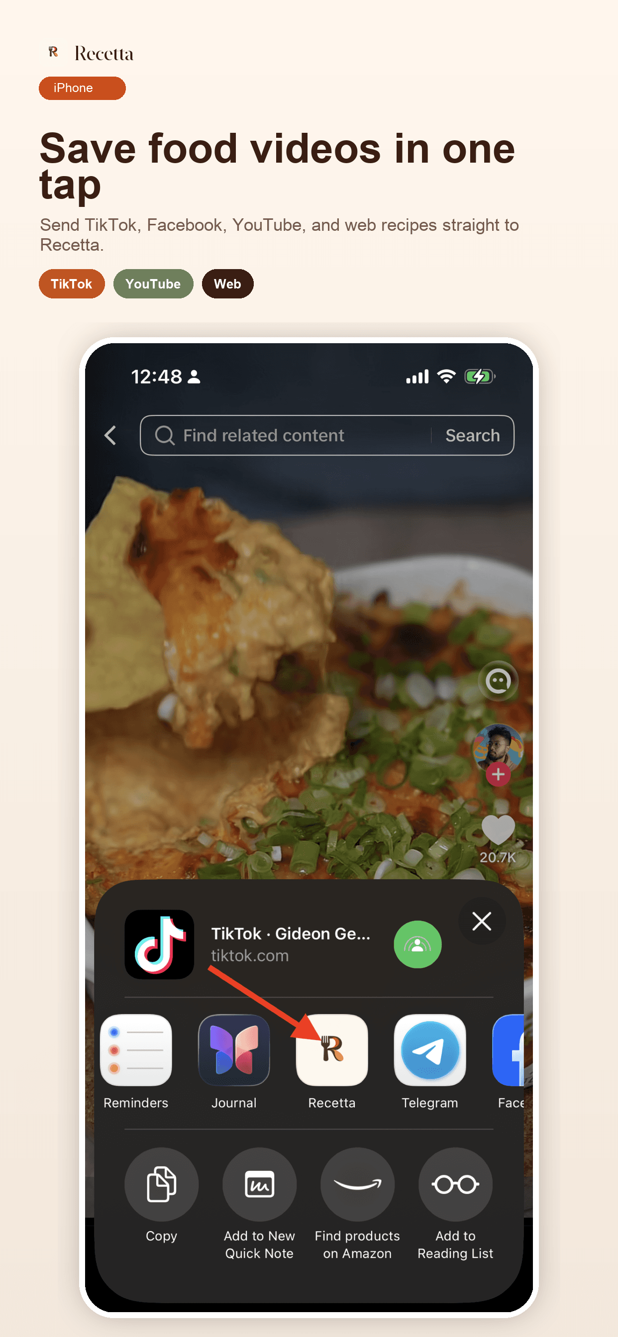 Save recipes from any video or link in Recetta